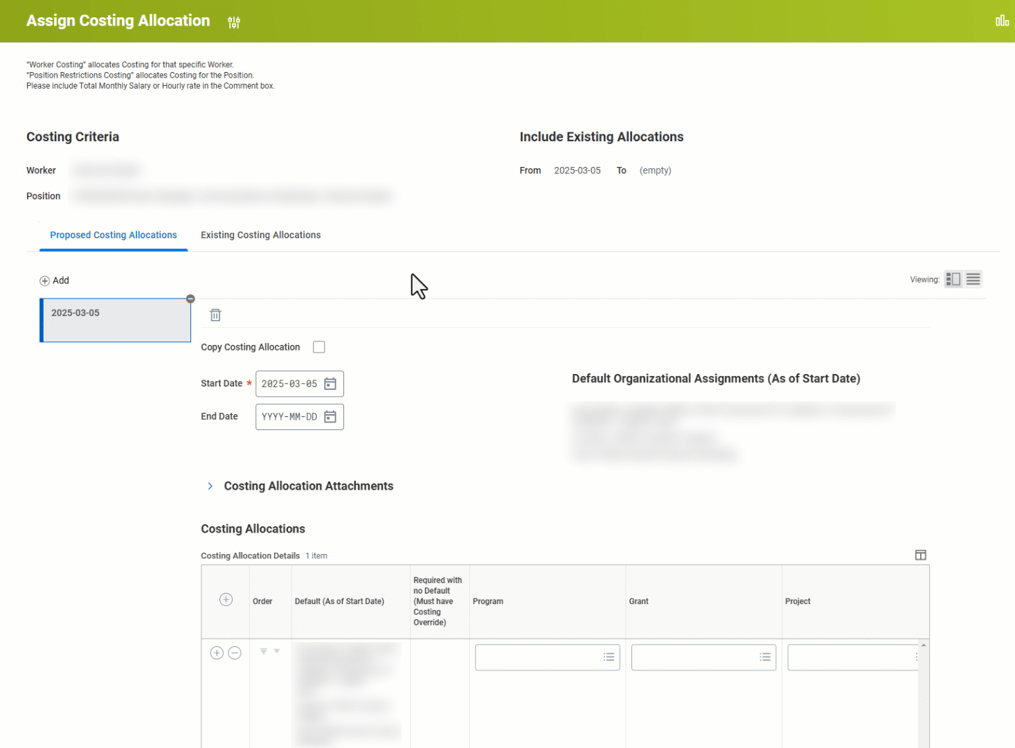 View of Assign Costing Allocations task in Workday