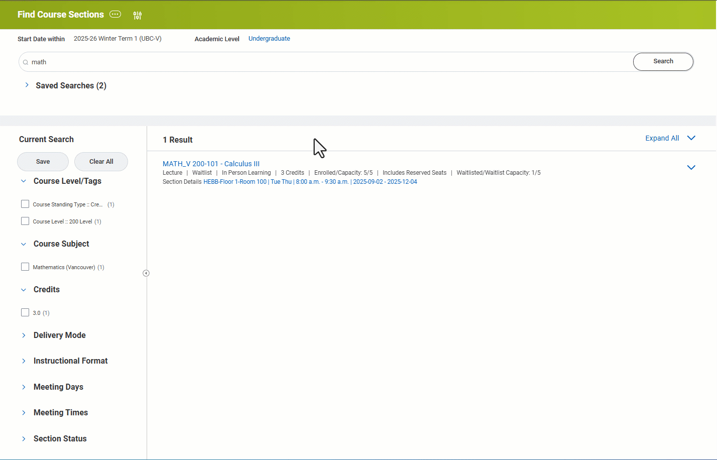 View of Student going from Find to View Course Sections.